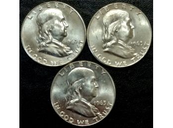 LOT OF 3 GEM BRILLIANT UNCIRCULATED 1963-D FRANKLIN HALF DOLLARS MS-65 TO MS-66 QUALITY WITH BRIGHT LUSTER