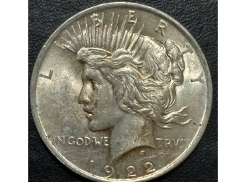 BRILLIANT UNCIRCULATED 1922 PEACE SILVER DOLLAR MS-62 TO MS-63 QUALITY