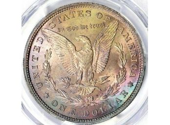 1880-P MORGAN DOLLAR PCGS MS-64 BEAUTIFULL RAINBOW TONING ON BOTH SIDES,MUCH NICER WHEN HELD IN YOUR HAND