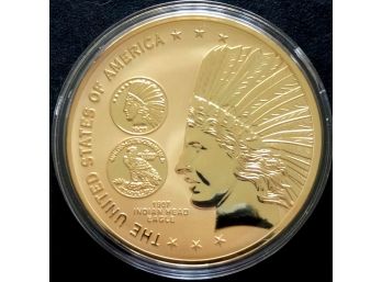 1ST YEAR OF ISSUE 1907 $10 INDIAN HEAD EAGLE 2.16 INCH LARGE REPLICA PROOF LAYERED IN 24 KARAT GOLD WITH C/O