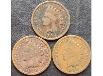 1890,1897,1898 INDIAN HEAD CENTS(LOT OF 3)