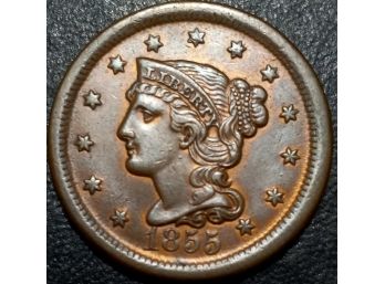 1855 UPRIGHT 55 BRAIDED HAIR LARGE CENT XF-45 QUALITY