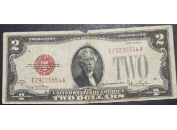 1928-G $2.00 RED SEAL NOTE FINE CONDITION LARGE CENTER FOLD,SMALL TEAR