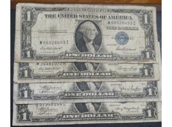 1935-A,C,E,F $1.00 SILVER CERTIFICATES CIRCULATED. WRINKLED BUT NO TEARS OR HOLES