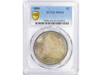 BETTER DATED 1880 P MINT MORGAN SIVER DOLLAR PCGS MS-64 WITH VIBRANT RAINBOW TONING