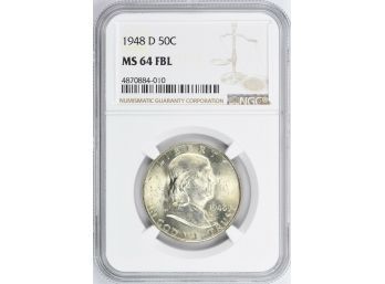 Bright And Lusterous 1948-D Franklin Half Dollar NGC MS-64 FBL (fULL BELL LINES)