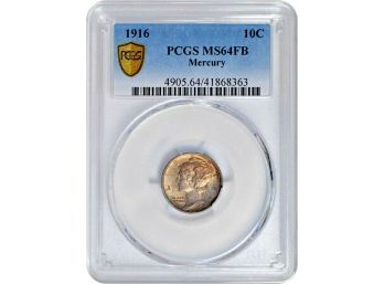 Superbly Toned 1916-P Mercury Dime PCGS MS-64 FB (Full Bands)).