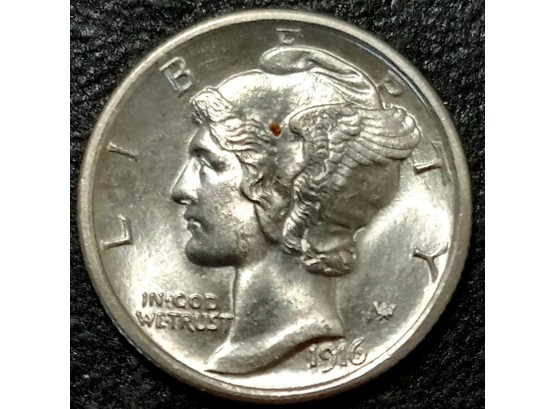 FIST YEAR OF ISSUE 1916 MERCURY DIME MS-65 QUALITY WITH FULL SPLIT BANDS GEM UNCIRCULATED.$130 TO $169 ON EBAY