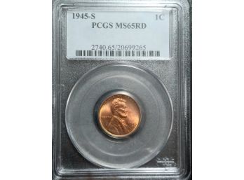 1945-S LINCOLN WHEAT CENT PCGS MS-65 RED SUPERB GEM