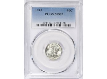 1943-P MERCURY DIME PCGS MS-67 BRIGHT LUSTER, PRISTINE AND FLAWLESS. $400.00 IN MS-68, JUST 1 GRADE HIGHER