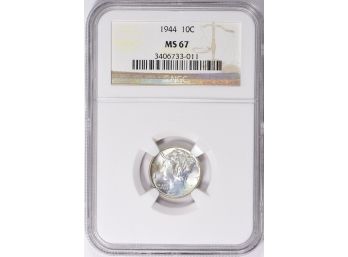 1944-P MERCURY DIME NGC MS-67 BRIGHT LUSTER, PRISTINE AND FLAWLESS. $400.00 IN MS-68, JUST 1 GRADE HIGHER