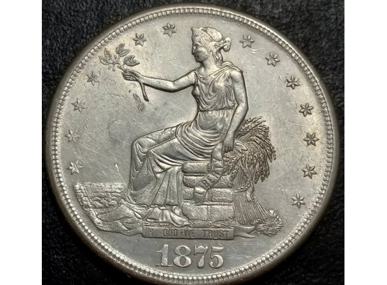 RARE 1875-S TRADE SILVER DOLLAR AU-55 QUALITY SHARP WITH LUSTER
