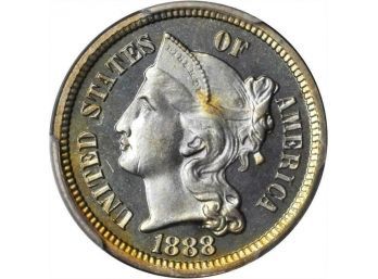1888 Nickel Three Cent Piece Graded PCGS PR-66. Beautiful Rim Toning