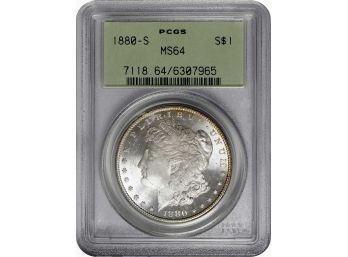 Under Graded 1880-S Morgan Dollar PCGS MS-64. Rainbow Crescent Toned Reverse With Proof Like Mirror Surfaces