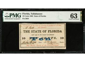 1863 TALLAHASSEE FLORIDA STATE OF FLORIDA 10 CENTS NOTE PMG CHOICE UNCIRCULATED 63