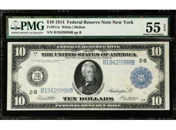 FR 911-A 1914 $10.00 FEDERAL RESERVE NOTE WHITE/MELLON BANK OF NEW YORK PMG 55  ABOUT UNCIRCULATED EPQ