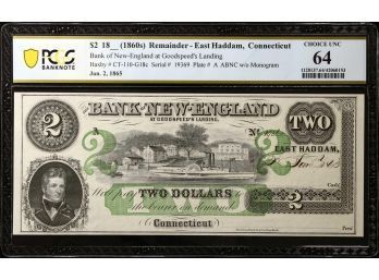 1860'S EAST HADDAM CT BANK OF NEW ENGLAND AT GOODSPEEDS LANDING $2 OBSOLETE BANK NOTE PCGS CH UNC. 64