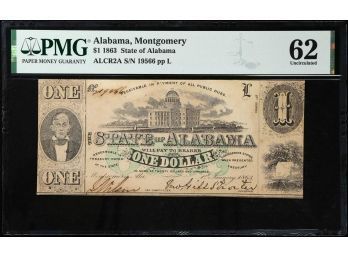 1863 THE STATE OF ALABAMA MONTGOMERY $1.00 OBSOLETE BANK NOTE PMG CHOICE UNCIRCULATED 62