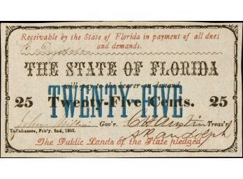 1863 TALLAHASSEE FLORIDA STATE OF FLORIDA 25 CENTS NOTE AU-50