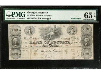 1860s AUGUSTA GEORGIA BANK OF AUGUSTA $4 NOTE PMG GEM UNCIRCULATED 65 EPQ REMAINDER. NONE FOND ON EBAY