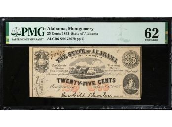 1863 THE STATE OF ALABAMA MONTGOMERY 25 CENTS OBSOLETE BANK NOTE PMG UNCIRCULATED 62