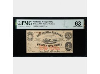 1863 THE STATE OF ALABAMA MONTGOMERY 25 CENTS OBSOLETE BANK NOTE PMG CHOICE UNCIRCULATED 63 $135 ON EBAY