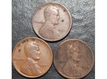 1917-D,1925-S,1937 LINCOLN WHEAT CENTS VG TO VF LOT OF 3
