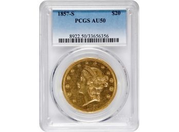 PRE CIVIL WAR ULTRA RARE 1857-S $20.00 DOUBLE EAGLE GOLD COIN PCGS AU-50. VERY NICE LUSTER FOR AN AU-50