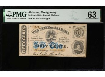 1863 THE STATE OF ALABAMA MONTGOMERY 50 CENTS OBSOLETE BANK NOTE PMG CHOICE UNCIRCULATED 63 $200 ON EBAY