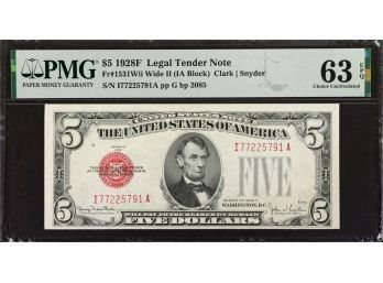 FR 1531 WII 1928-F WIDE II $5.00 LEGAL TENDER NOTE PMC CHOICE UNCIRCULATED 63 EPQ