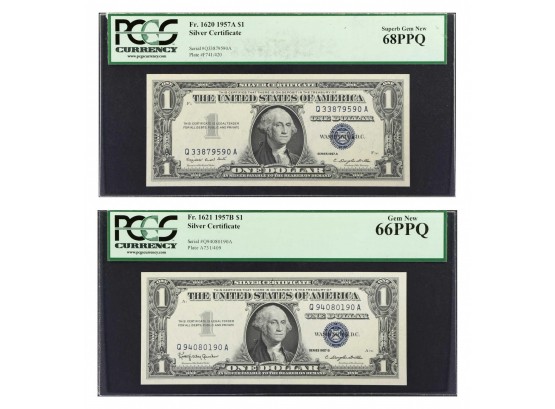 FR 1620, 1621 1957-A AND 1957-B $1.00 SILVER CERTIFICATES PCGS SUPERB GEM NEW 68 AND GEM NEW 66 BOTH PPQ