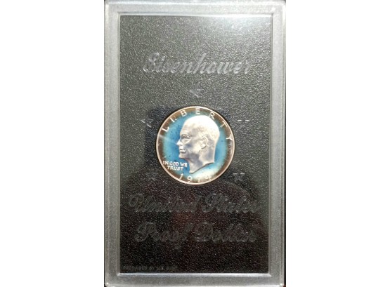 1971-S 40 PERCENT SILVER EISENHOWER PROOF DOLLAR IN ORIGINAL MINT CASE. NO BROWN BOX. BLUE NEON TONING