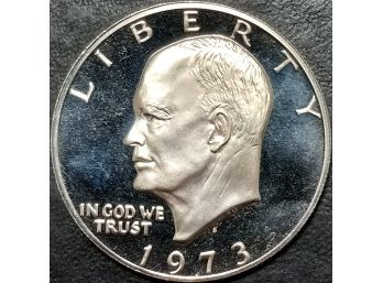 1973-S CLAD EISENHOWER DOLLAR GEM PROOF. TOTAL WEIGHT OF COIN IS 22.70 GRAMS