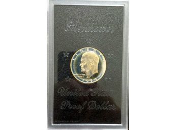1974-S 40 PERCENT SILVER EISENHOWER PROOF DOLLAR IN ORIGINAL MINT CASE. NO BROWN BOX. BLUE, YELLOW NEON TONING