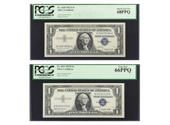 FR 1620, 1621 1957-A AND 1957-B $1.00 SILVER CERTIFICATES PCGS SUPERB GEM NEW 68 AND GEM NEW 66 BOTH PPQ