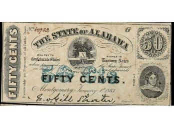 1863 THE STATE OF ALABAMA MONTGOMERY 50 CENTS OBSOLETE BANK NOTE XF-45 QUALITY