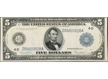 FR 859-A 1914 $5.00 LARGE SIZE FEDERAL RESERVE NOTE OHIO AU-55 TO AU-58. $399 FOR CERTIFIED AU-55 ON EBAY