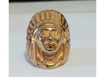 BRAND NEW STAINLESS STEEL GOLD PLATED RING WITH NATIVE AMERICAN INDIAN IN HEADDRESS PORTRAIT SIZE 8