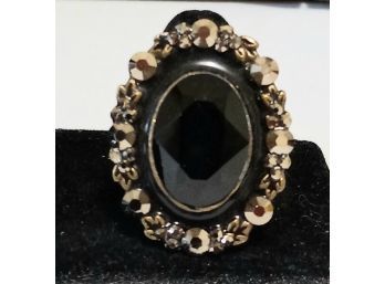 VINTAGE ANN KOPLIK SIGNED HANDCRAFTED RING SIZE 9 WITH ANTIQUE BLACK GLASS STONE AND FANCY CUT RHINESTONES