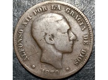 SPAIN 1879 10 CENTIMOS BRONZE COIN