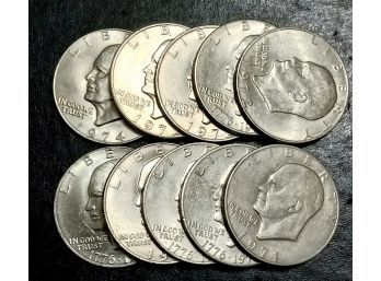 LOT OF 10 MIXED DATES BRILLIANT UNCIRCULATED  EISENHOWER DOLLARS.