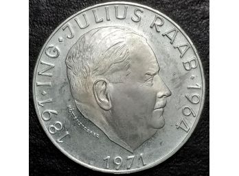 AUSTRIA 90 PERCENT SILVER 1971 50 SHILLING JULIUS RAAB. THE COIN WEIGHS 20 GRAMS
