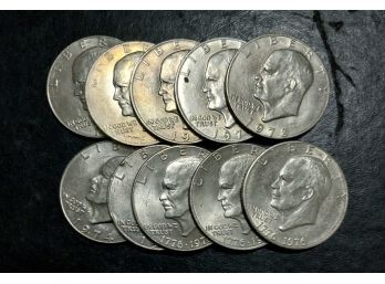 LOT OF 10 MIXED DATES BRILLIANT UNCIRCULATED  EISENHOWER DOLLARS.