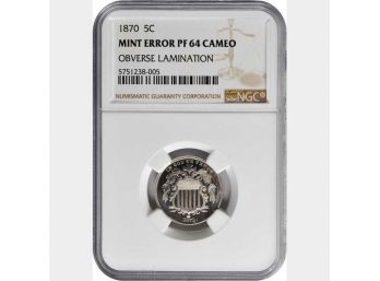 Extremely Rare Key Date 1870 Shield Nickel NGC PROOF-64 CAMEO Obverse Lamination