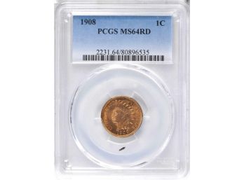1908 INDIAN HEAD CENT PCGS MS-64 RD BRIGHT RED LUSTER-UNDER GRADED