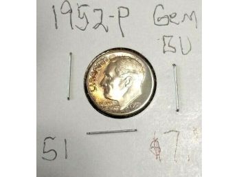 COLORFUL TONED 1952-P ROOSEVELT DIME GEM UNCIRCULATED