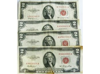 1953,1953-A,1953-B,1953-C $2 RED SEAL US NOTES F-VF/F LOT OF 4
