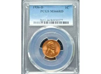 GORGEOUS 1936-D LINCOLN WHEAT CENT PCGS MS-66 RED/OVER $150 IN MS-67, JUST 1 GRADE HIGHER