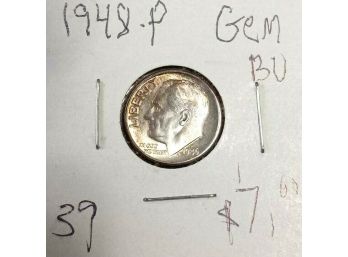 COLORFUL TONED 1948-P ROOSEVELT DIME GEM UNCIRCULATED