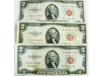 1953,1953-A,1953-B $2 RED SEAL US NOTES FINE (LOT OF 3)